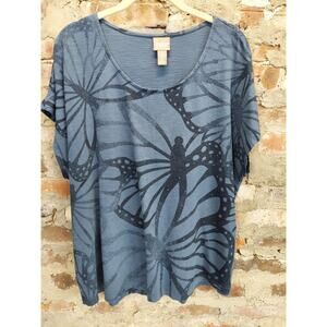 Chico's Womens Butterfly Print T-Shirt Top Size 3 XL 16 Blue Embellished